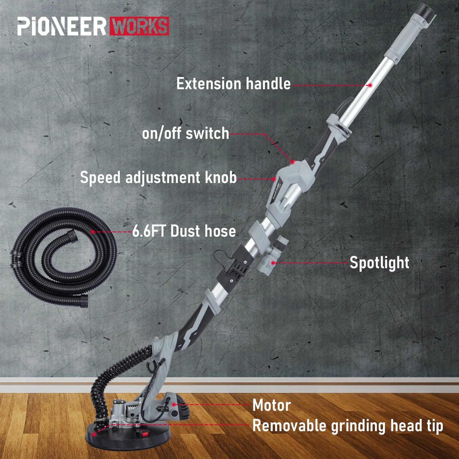 Mescukay 710W Drywall Sander, Electric Drywall Sander with 6 Pcs Sanding Discs, Variable Speed 800-1700RPM with LED Light, Extendable & Folding Handle, Carrying Bag
