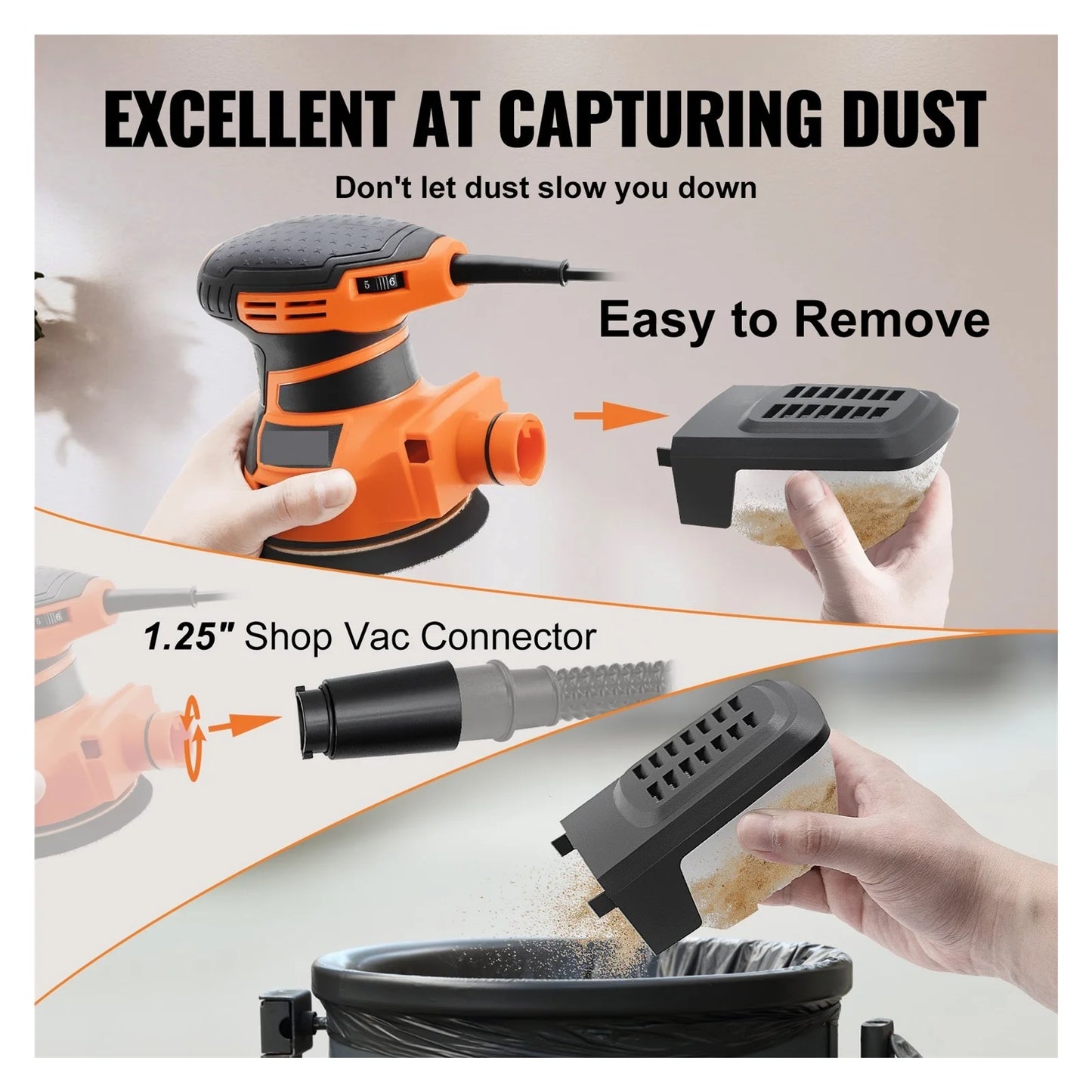 350W Random Orbit Sander 6 Speeds 13000 OPM 5" Palm Sander W/2pcs A-Level Hook-and-Loop Sanding Discs & Vacuum Connector ,High Efficiency