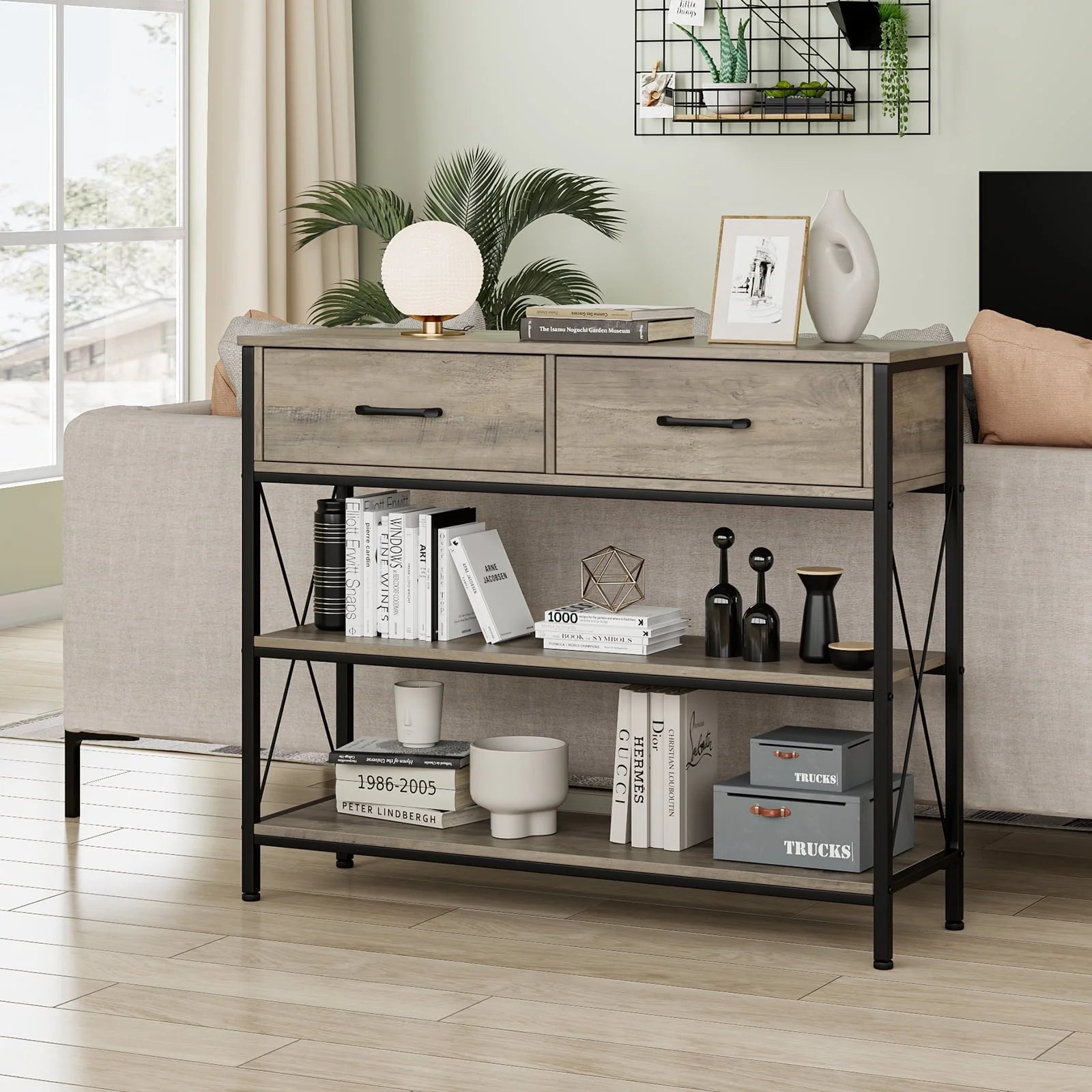 Homfa Console Table with Drawers, Rustic Hallway Table with Storage Shelves, Narrow Sofa Entryway Table for Living Room, Wash Gray