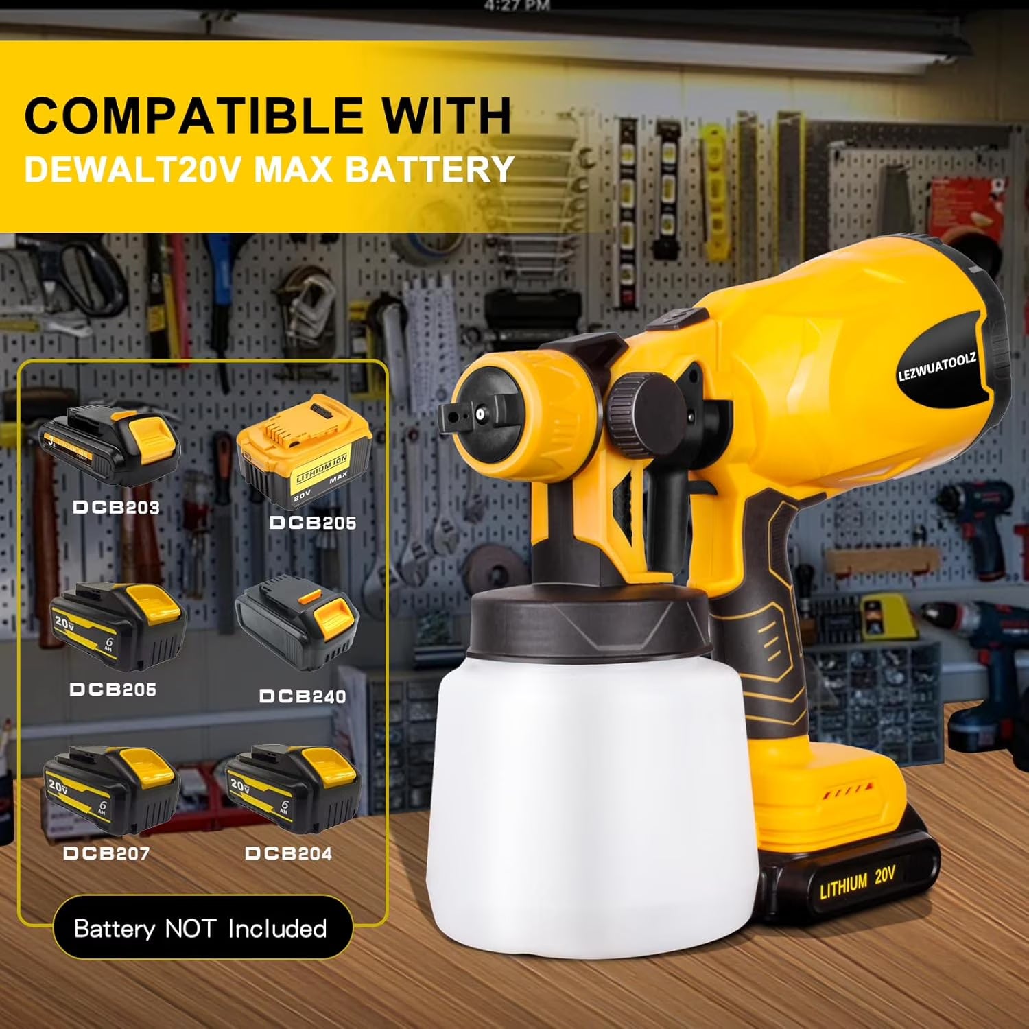 Cordless Paint Sprayer Airless for Dewalt 20V Battery - HVLP Spray Paint with 800W Brushless Motor, 4 Copper Nozzles, 34oz (1000ml) Capacity