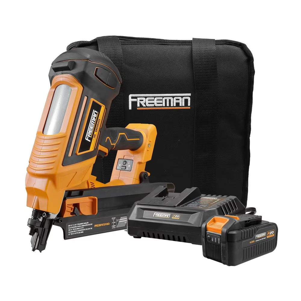 Freeman PE20V2183 20 Volt Cordless and Brushless 21 Degree 3-1/4" Framing Nailer Kit with Lithium Ion Battery, Charger, and Bag - 750 Shots per Charge