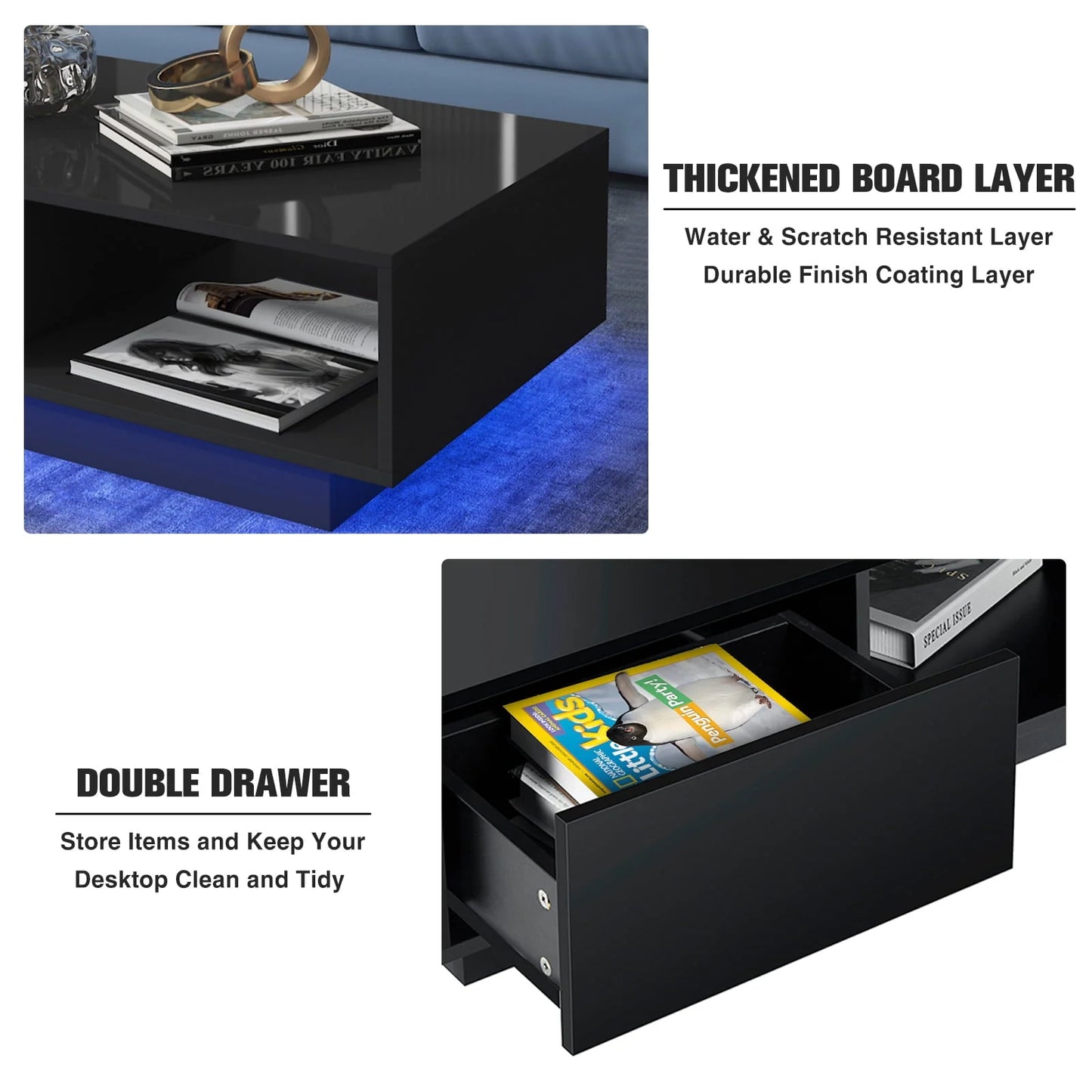 Hommpa High Gloss Black Coffee Table with 2 Drawers LED Sofa Side End Tea Table Modern Living Room Furniture with Storage Space