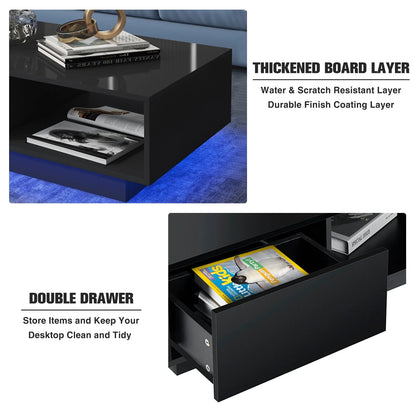 Hommpa High Gloss Black Coffee Table with 2 Drawers LED Sofa Side End Tea Table Modern Living Room Furniture with Storage Space
