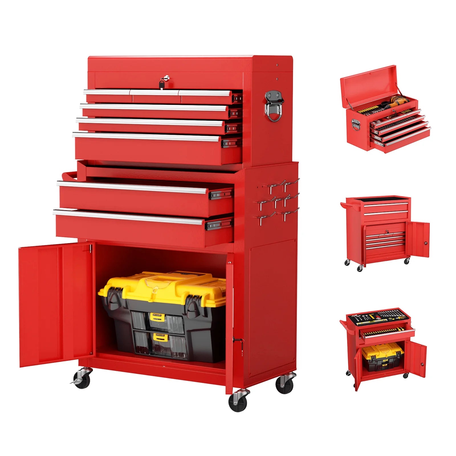 2-IN-1 Tool Chest & Cabinet, Large Capacity 8-Drawer Rolling Tool Box Organizer with Wheels Lockable, Red