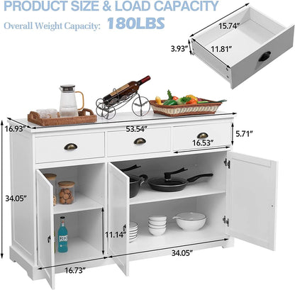 Erinnyees Sideboard Storage Cabinet with 3 Drawers and 3 Cabinets, Buffet Cabinet for Kitchen, Ding Room, Living Room, White
