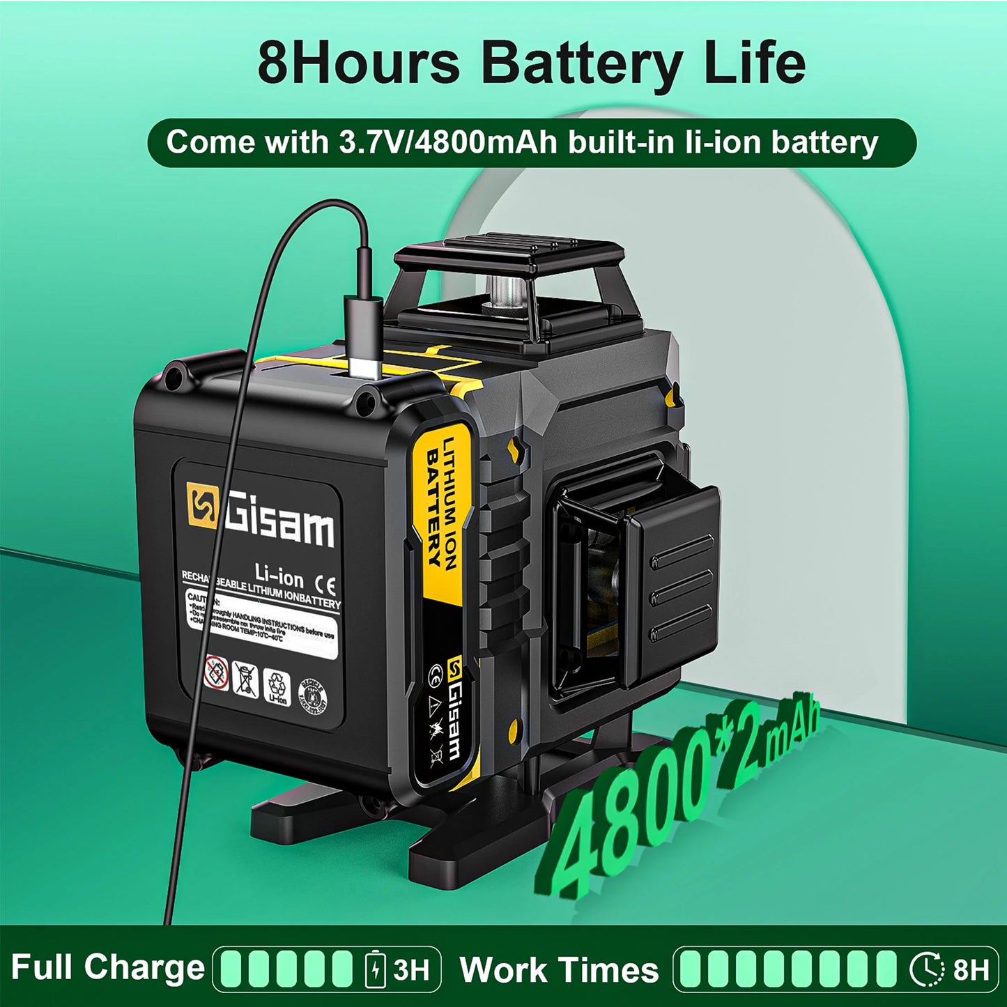 Gisam Laser Level with Tripod , 4x360? Self-Leveling Green Cross Line 4D Laser Tool with Remote Control & 2* 4800mAh Battery
