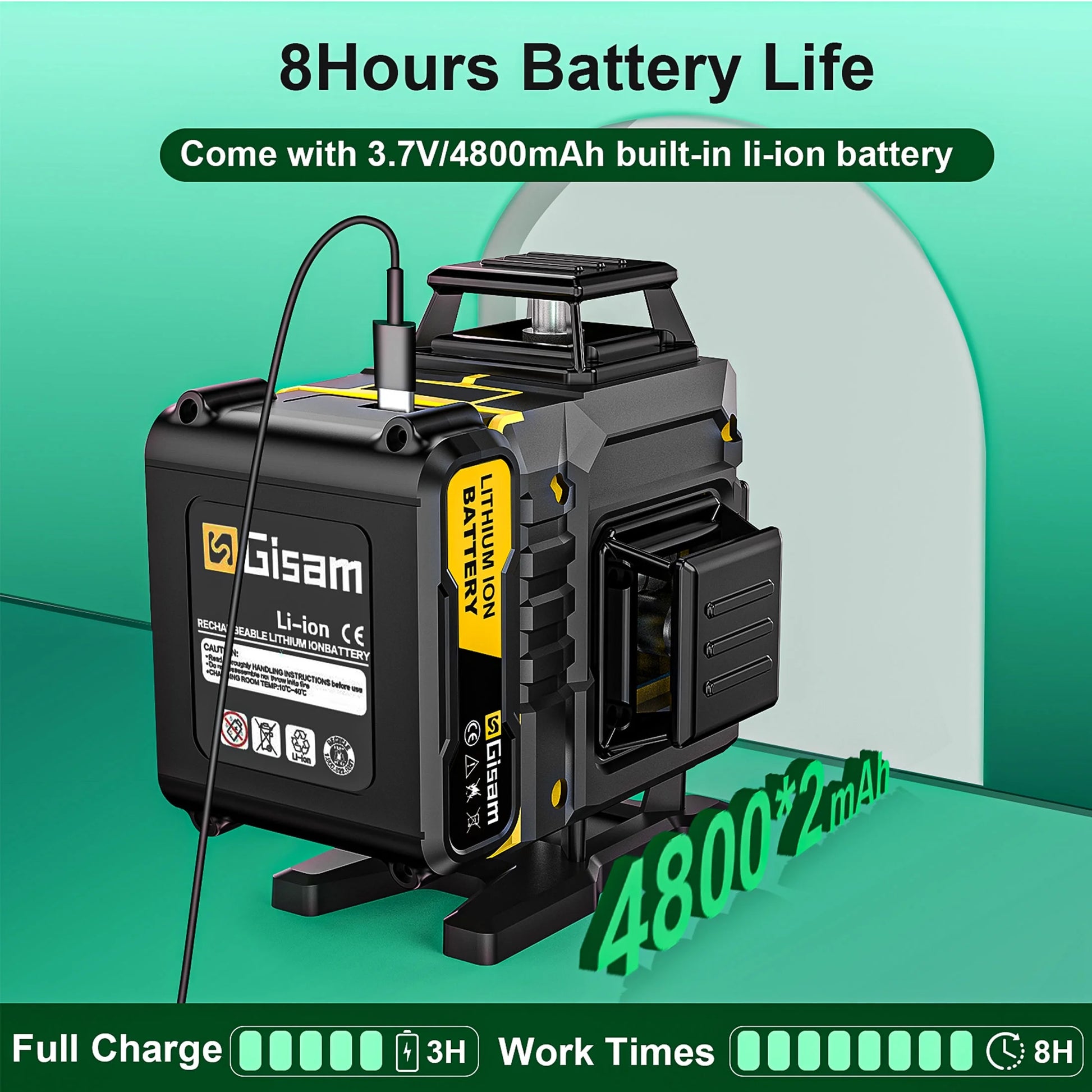 Gisam Laser Level with Tripod , 4x360? Self-Leveling Green Cross Line 4D Laser Tool with Remote Control & 2* 4800mAh Battery