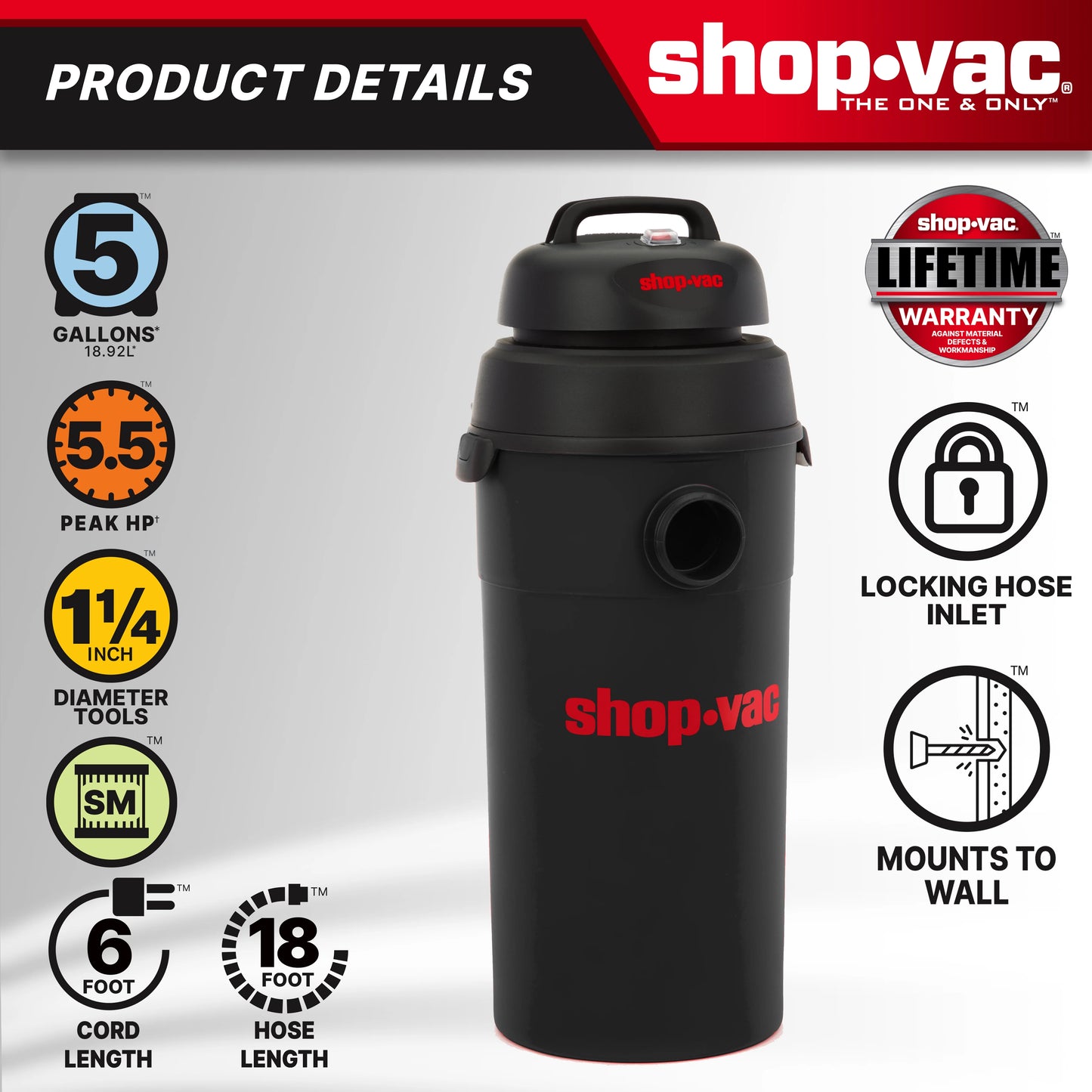 Shop-Vac 5 Gallon 5.0 PHP Wall Wet & Dry Vacuum