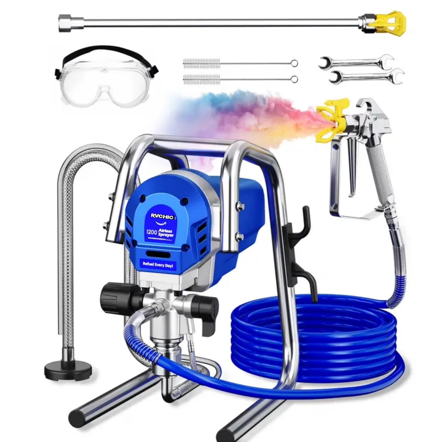 Rvchic 1200W 3300PSI Electric Airless Paint Sprayer with Extension Rod, Thinning-Free Stand Sprayer for Home Exterior/Interior,Garage,Furniture Blue