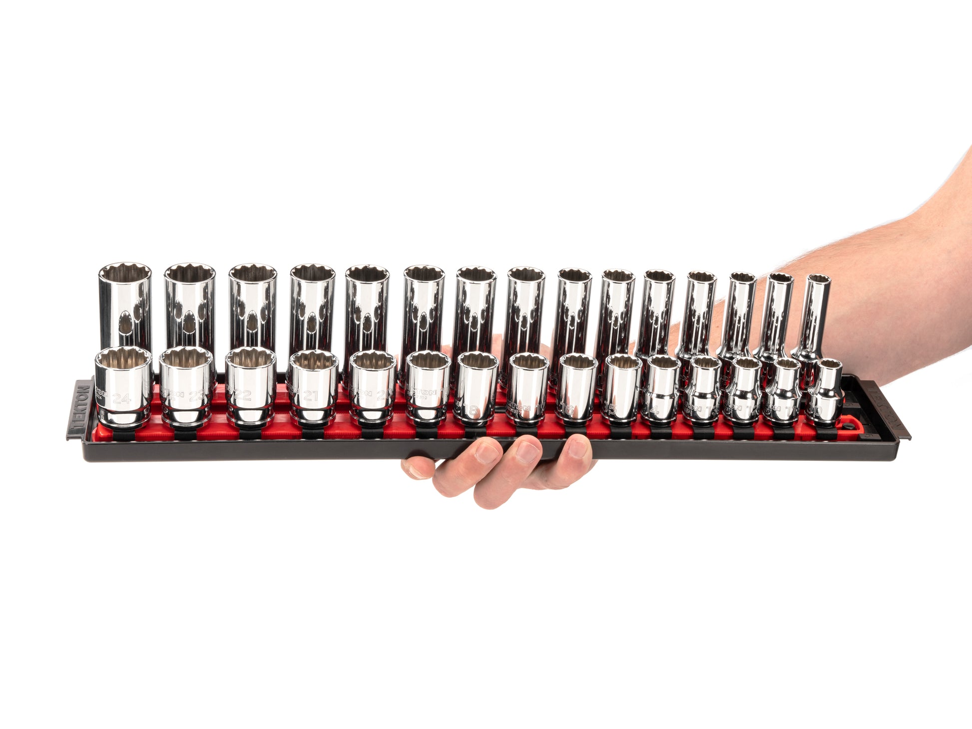 TEKTON 1/2 Inch Drive 12-Point Socket Set with Rails, 52-Piece (3/8-1 in., 10-24 mm) | SHD92214