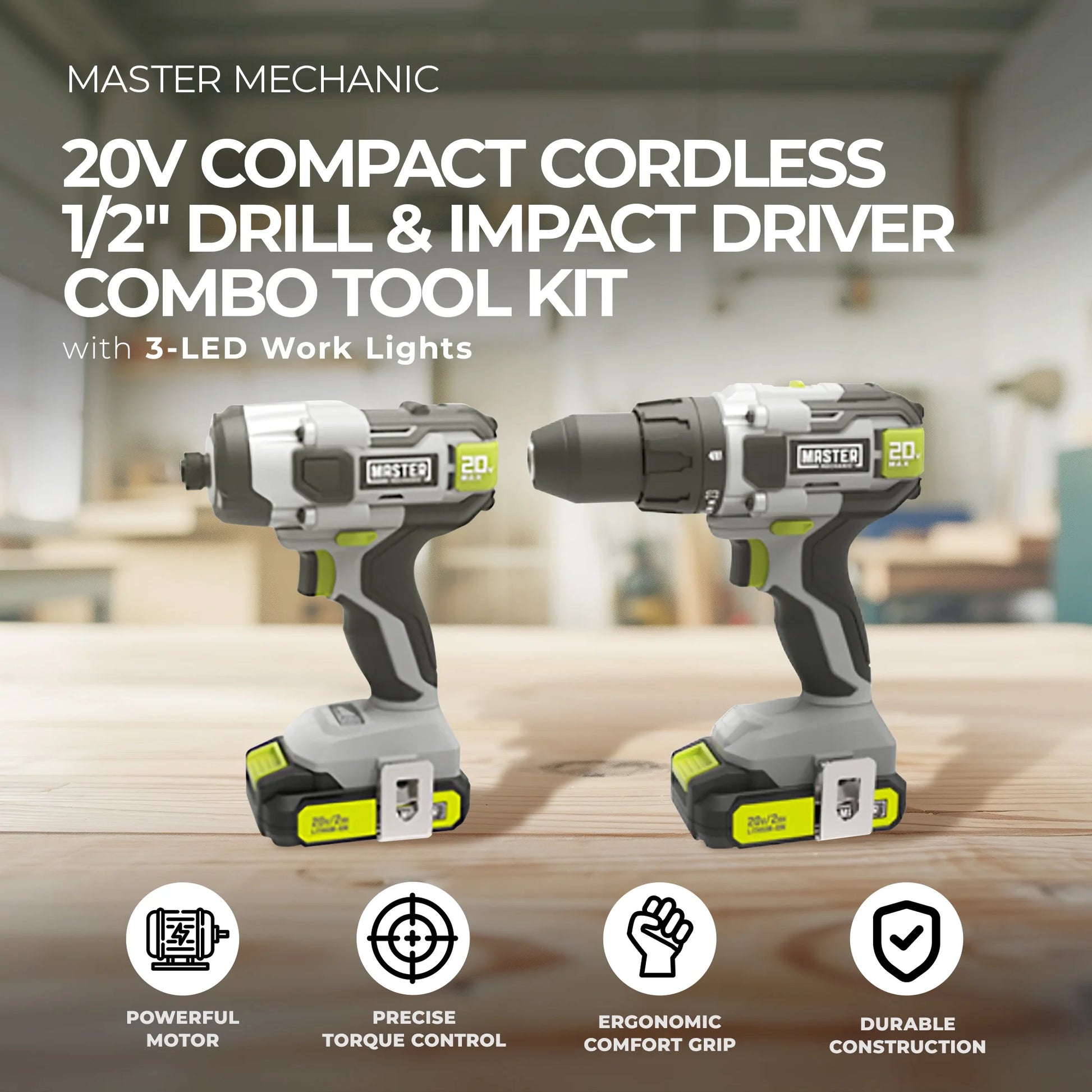 Master Mechanic ML-CD168GD-200S ML-IS41GD 20-Volt Compact Cordless 2-Tool Combo Kit, 1/2-In. Drill + Impact - Quantity 4