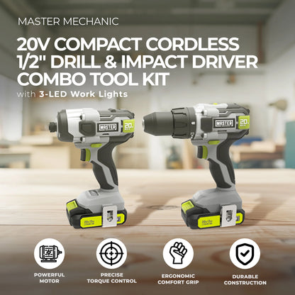 Master Mechanic ML-CD168GD-200S ML-IS41GD 20-Volt Compact Cordless 2-Tool Combo Kit, 1/2-In. Drill + Impact - Quantity 4