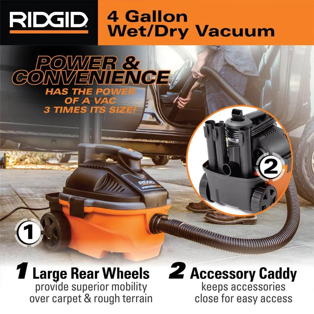 4 Gallon 5.0 Peak HP Portable Shop Vacuum Wet Dry Vac with Fine Dust Filter, Locking Hose and Accessory Attachments