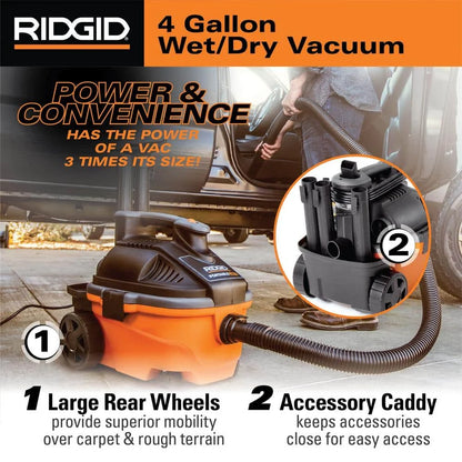 4 Gallon 5.0 Peak HP Portable Shop Vacuum Wet Dry Vac with Fine Dust Filter, Locking Hose and Accessory Attachments