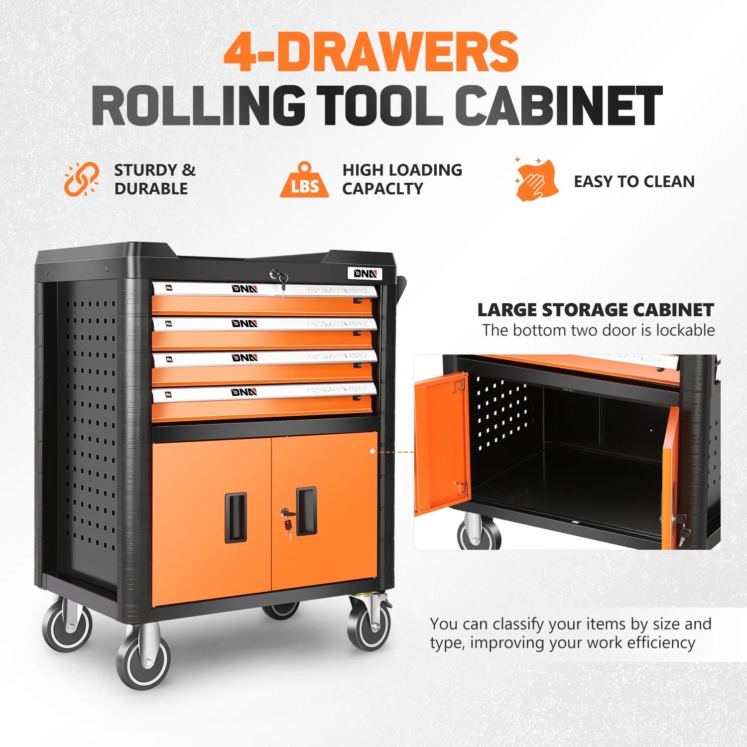 DNA Motoring TOOLS-00402 4 Drawer Garage Warehouse Workshop Divider Top Tray Rolling Cabinet Chest With Swivel Casters Orange