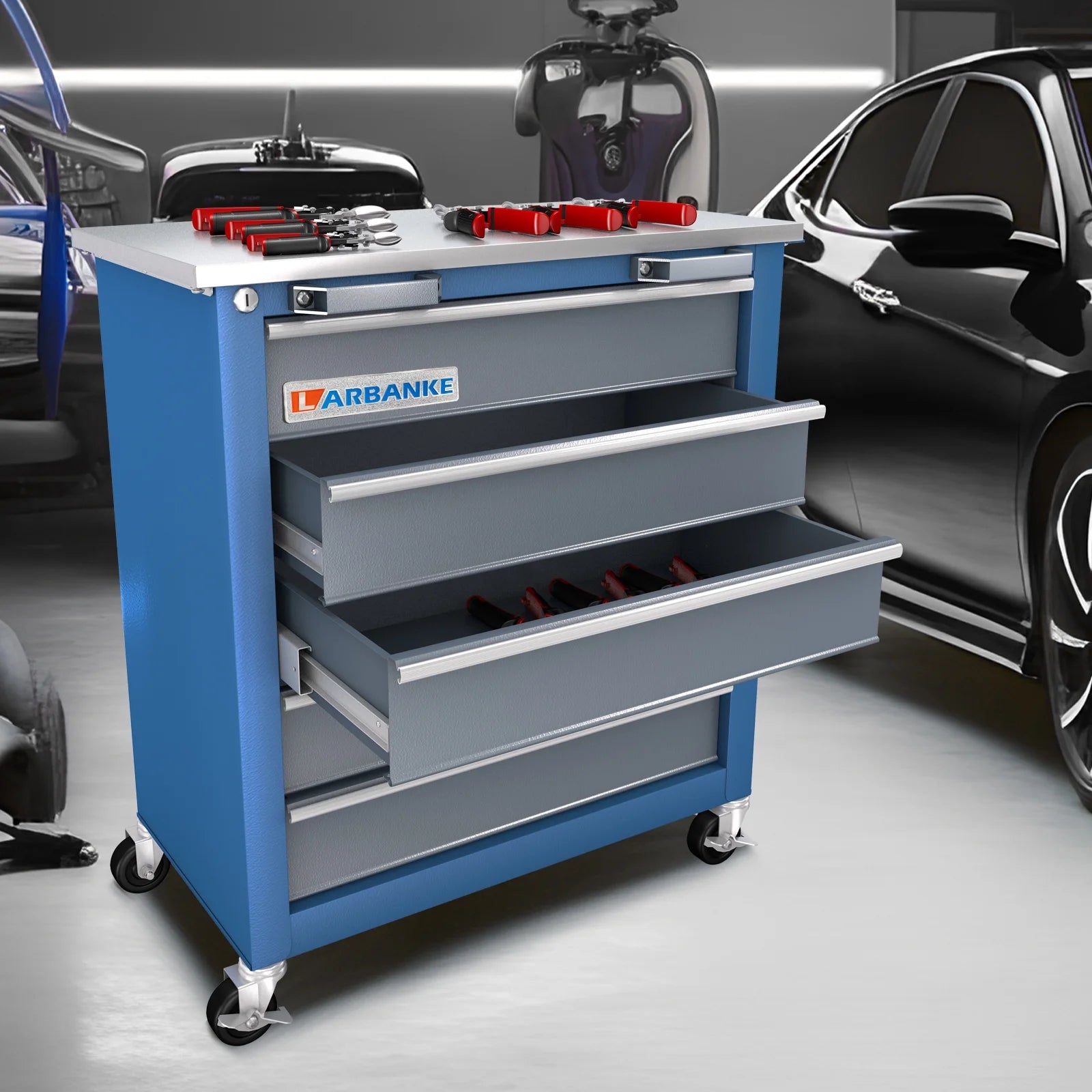 LARBANKE 5 Drawer Rolling Tool Chest, Metal Tool Cabinet with Wheels, Drawers with Padding, Can Be Combined