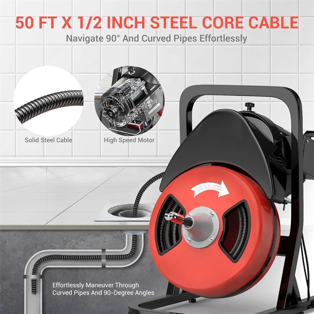 50FTx1/2 Inch Drain Cleaner Machine, Sewer Snake Electric Drain for 2" to 4" Pipes, Plumbing Snake Auger Cleaner with Wheels & 4 Cutter & Foot Switch for Sewer, Sink, Toilet, Bathroom and Shower
