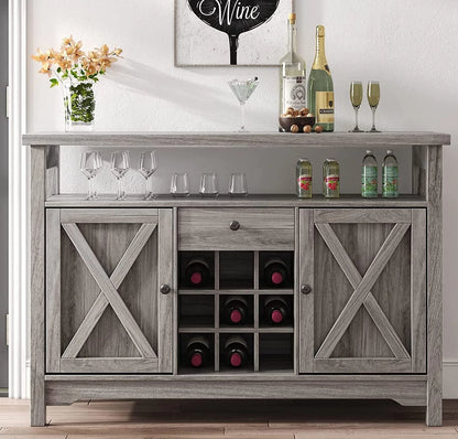 Catrimown Farmhouse Coffee Bar Cabinet, 47" Sideboard Buffet Cabinet with Barn Door, Buffet Storage Cabinet with Removable Wine Rack, Farmhouse Gray