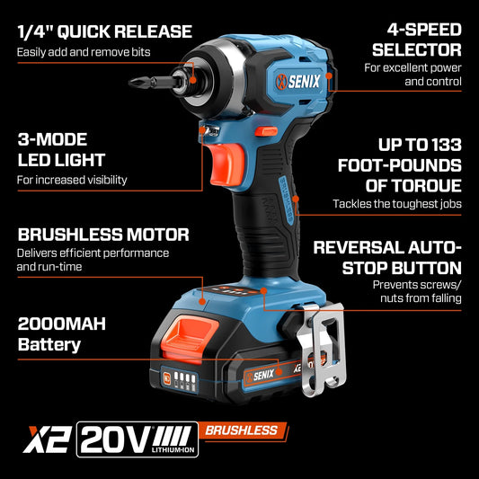 SENIX 20 Volt Max* 1/4-Inch Impact Driver, Brushless Motor, 130 Foot-Pound of Max Torque, 3000 RPM (Battery, Charger and Soft Bag Included) PDIX2-M2