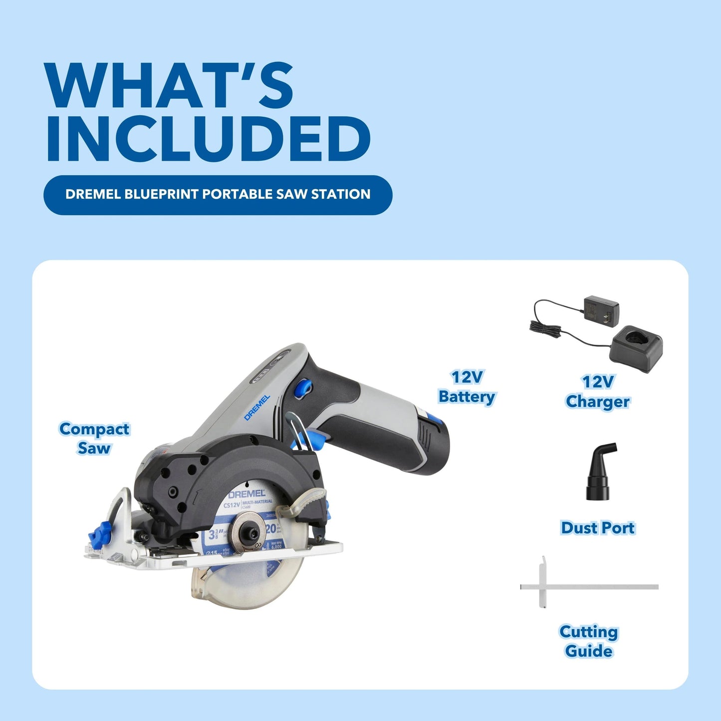 Dremel Blueprint 12V Compact Circular Saw with Integrated Laser Guide, 2Ah Li-Ion Battery and 3 3/8"Multi Material Blade (CS12V-S1)