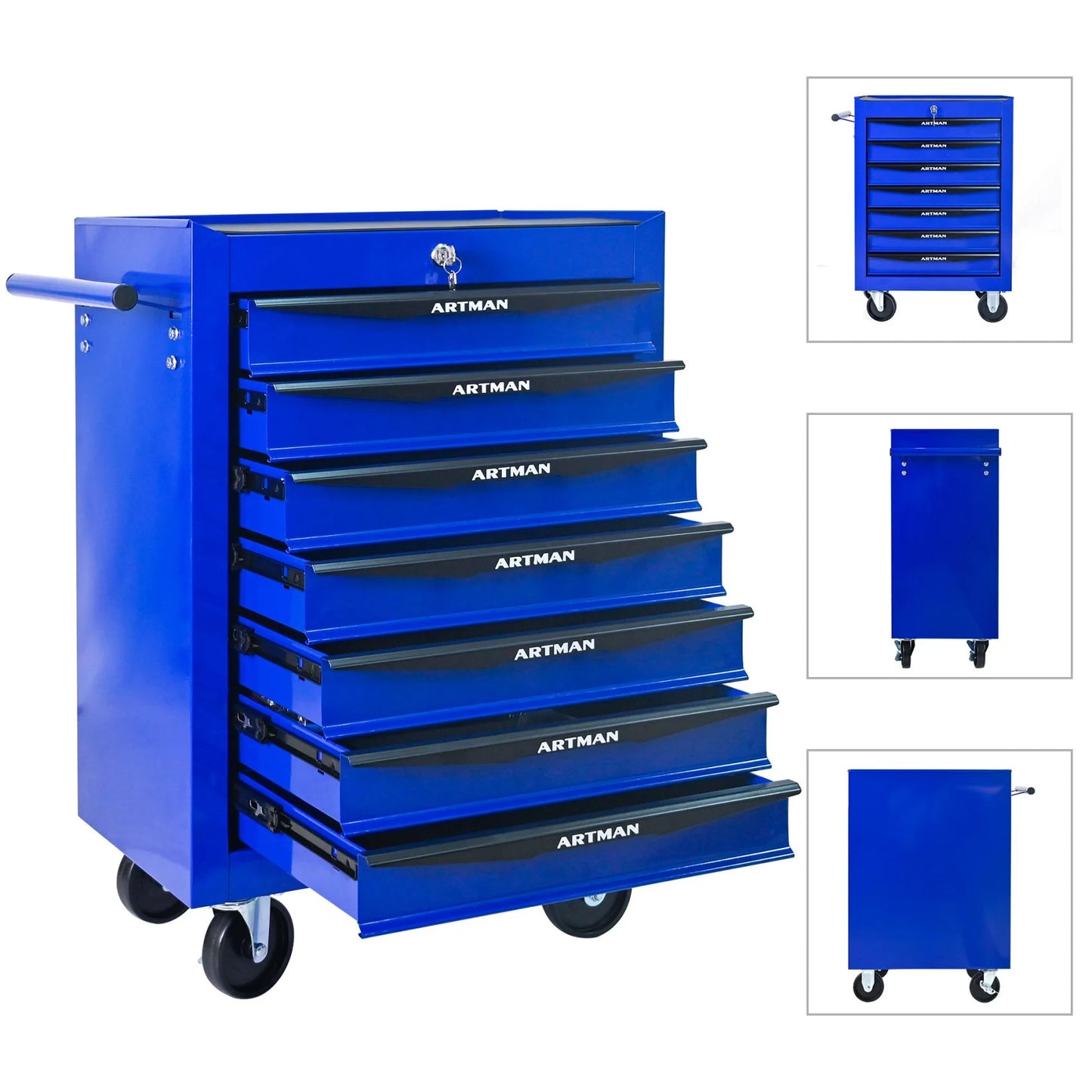 FARONZE Rolling Metal Tool Chest with 7 Drawers, 20" Steel Storage Cabinet with Ball Bearing Slides, Black and Blue Finish