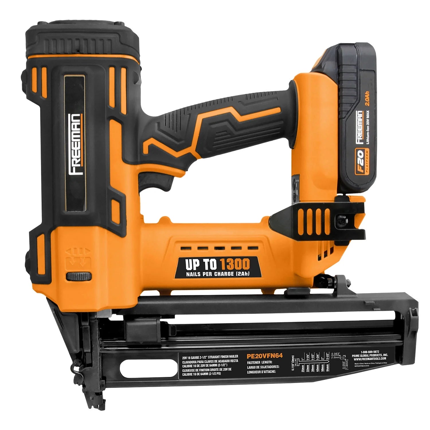 Freeman PE20VFN64 20 Volt Cordless 16-Gauge 2-1/2" Straight Finish Nailer Kit with Lithium Ion Battery, Charger, Bag, and Nails (200 Count) - 1300 Shots per Charge