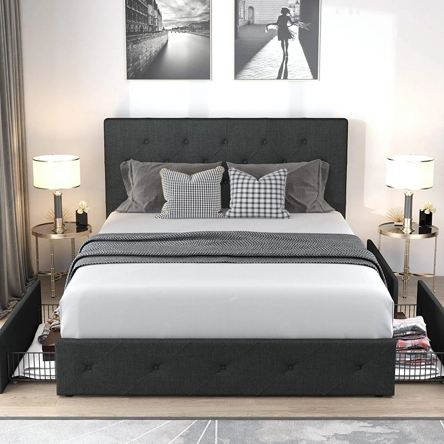 Allewie Queen Platform Bed Frame with 4 Drawers Storage and Headboard, Diamond Stitched Button Tufted Upholstered Mattress Foundation with Wood Slat Support, Dark Grey
