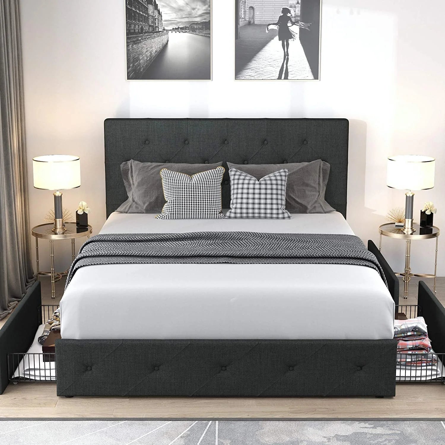 Allewie Queen Platform Bed Frame with 4 Drawers Storage and Headboard, Diamond Stitched Button Tufted Upholstered Mattress Foundation with Wood Slat Support, Dark Grey