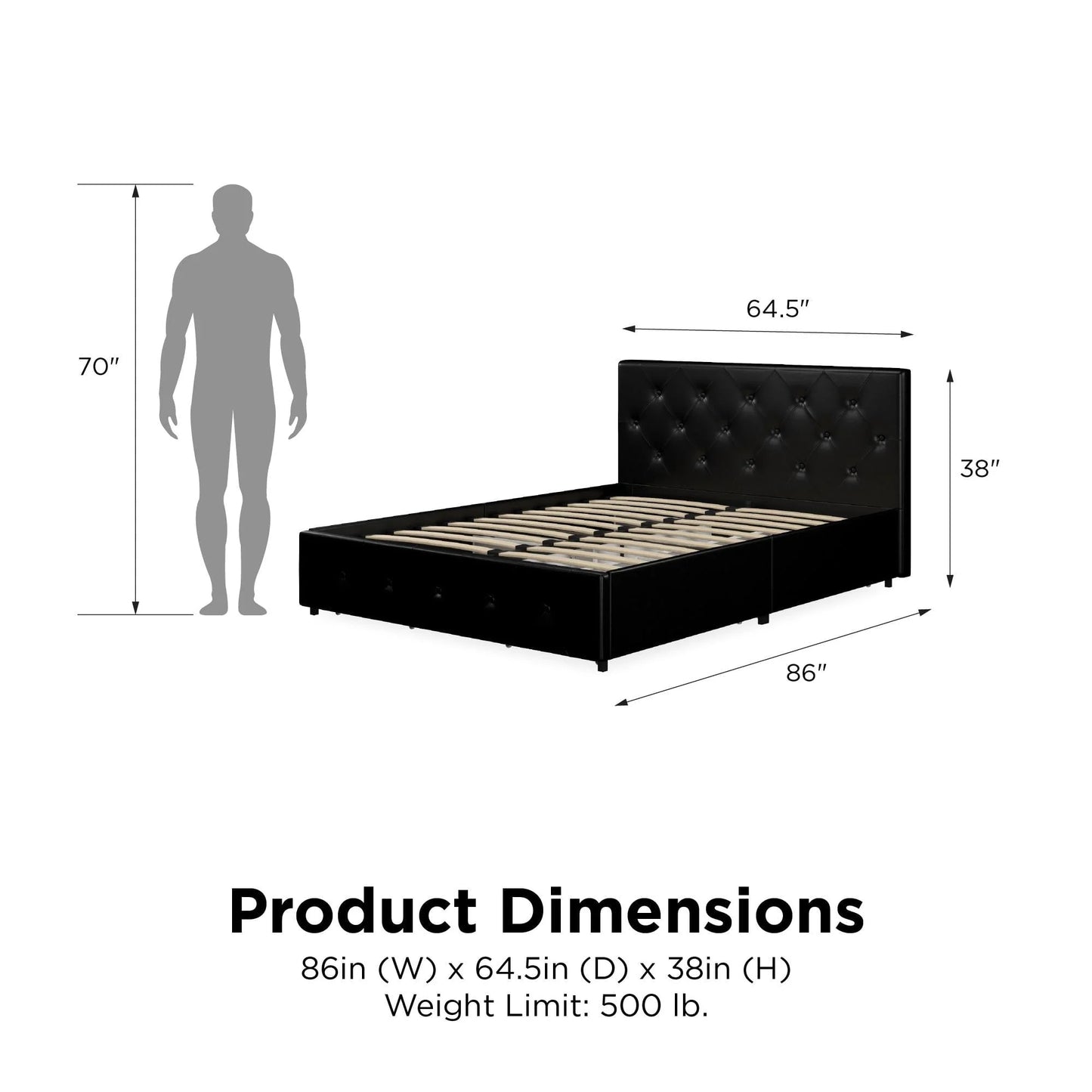 River Street Designs Dean Upholstered Bed With Storage, Black Faux Leather, Queen
