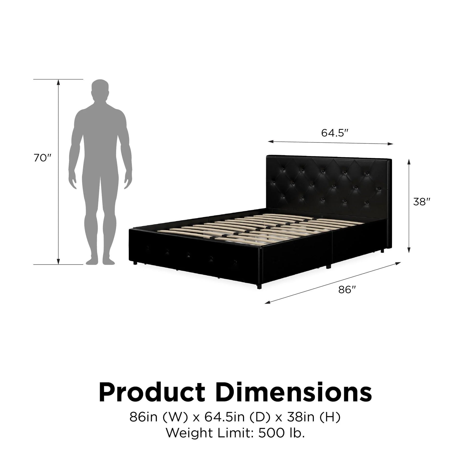 River Street Designs Dean Upholstered Bed With Storage, Black Faux Leather, Queen
