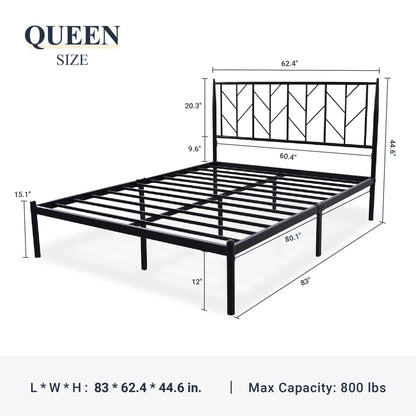 Allewie Black Queen Size Modern Metal Platform Bed Frame with Vintage Headboard and 12'' Under-bed Storage