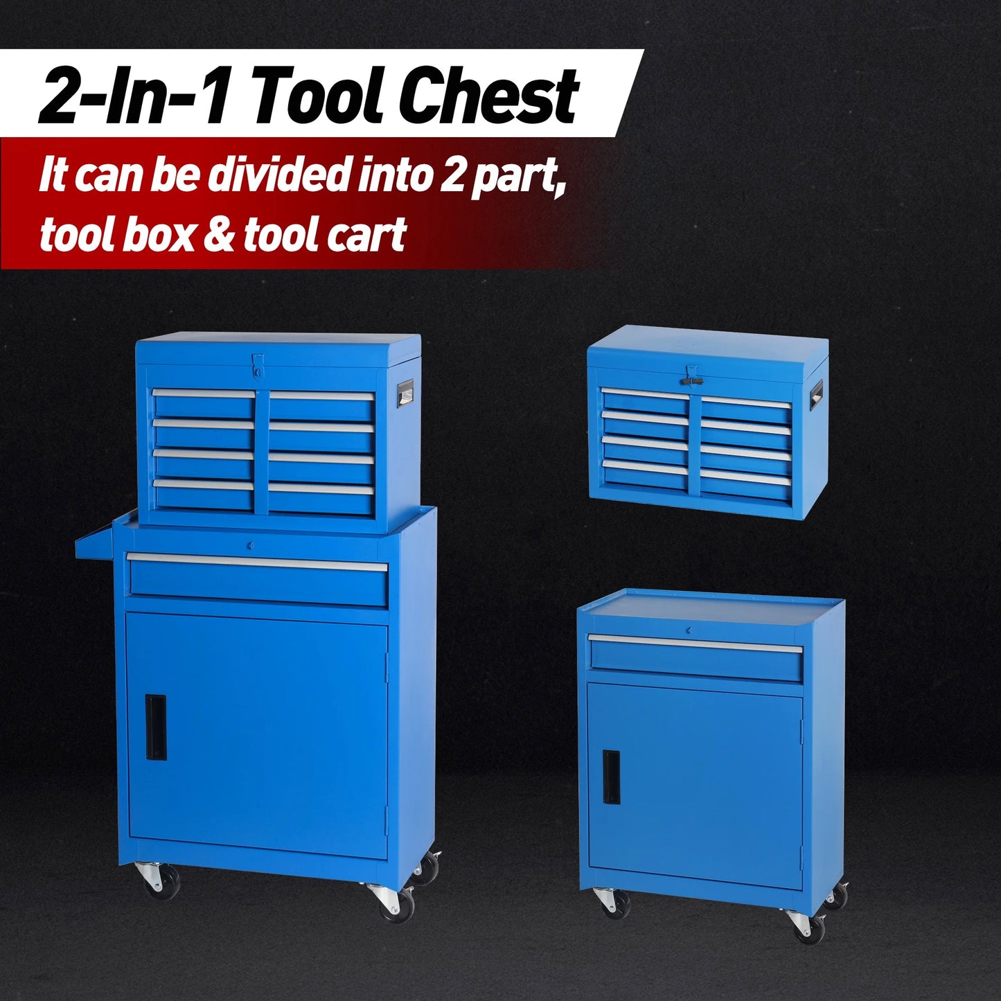 2-IN-1 Tool Chest with Drawers, Seizeen 2-tier Rolling Tool Box & Cabinet Large Capacity with 4 Drawers, Lockable Tool Box Organizer On Wheels, Red