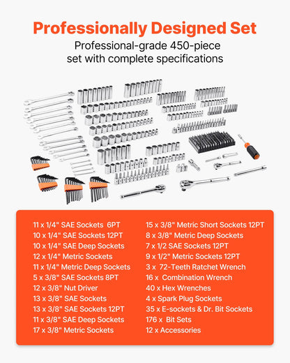 VEVOR Mechanics Tool Set and Socket Set,450 Pcs, 1/4, 3/8 and 1/2 inch Drive Deep and Standard Sockets, SAE Metric Mechanic Tool Kit with Bits, Wrenches, Accessories, Storage Case with Orange Drawer