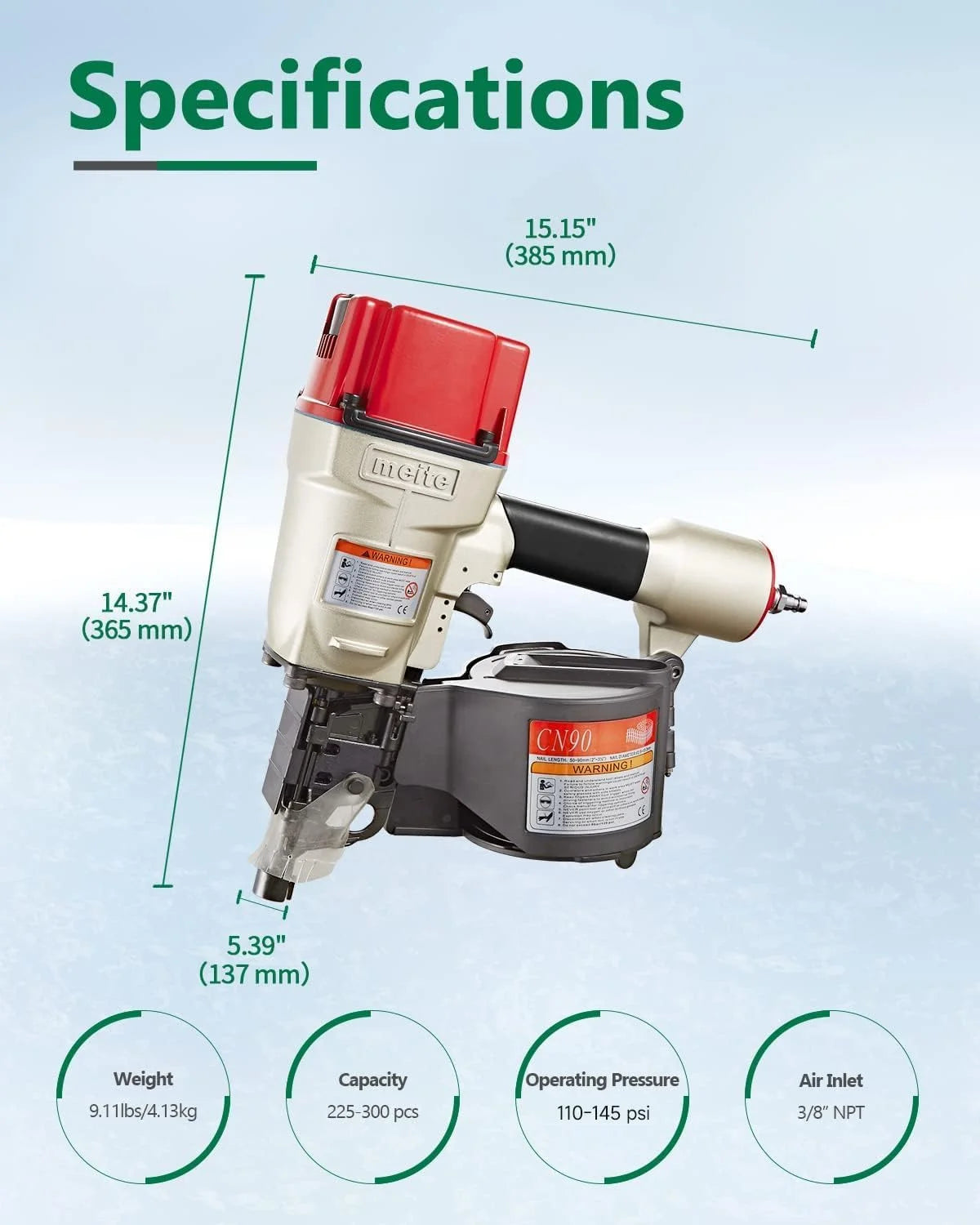 MEITE CN90 Industrial Coil Siding Nailer 15 Degree 2-1/4" to 3-1/2" Pneumatic Coil Nail Gun with Aluminum Housing
