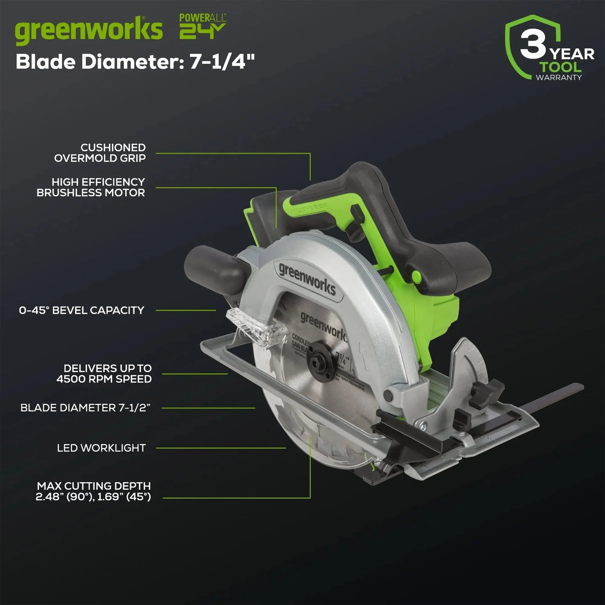 Greenworks 24V 7-1/4-inch Brushless Circular Saw, Battery Not Included, 1501202AZ