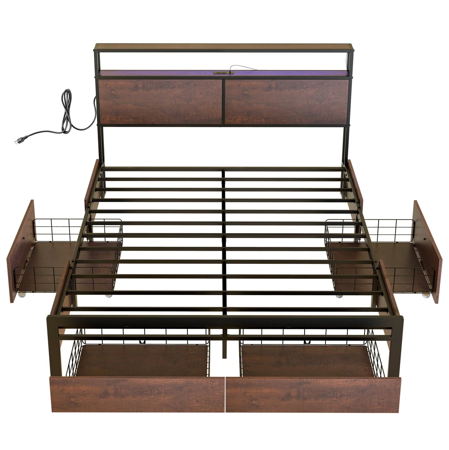 HAUSOURCE Queen Size Bed Frame with Headboard and 4 Storage Drawers LED Platform Bed Frame with Charging Station Rustic Brown