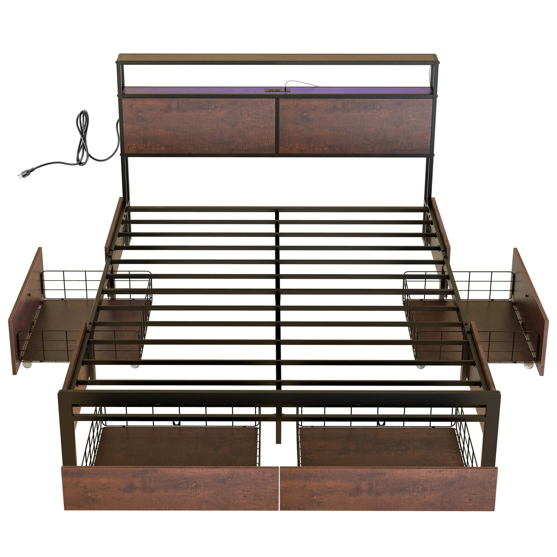 HAUSOURCE Queen Size Bed Frame with Headboard and 4 Storage Drawers LED Platform Bed Frame with Charging Station Rustic Brown