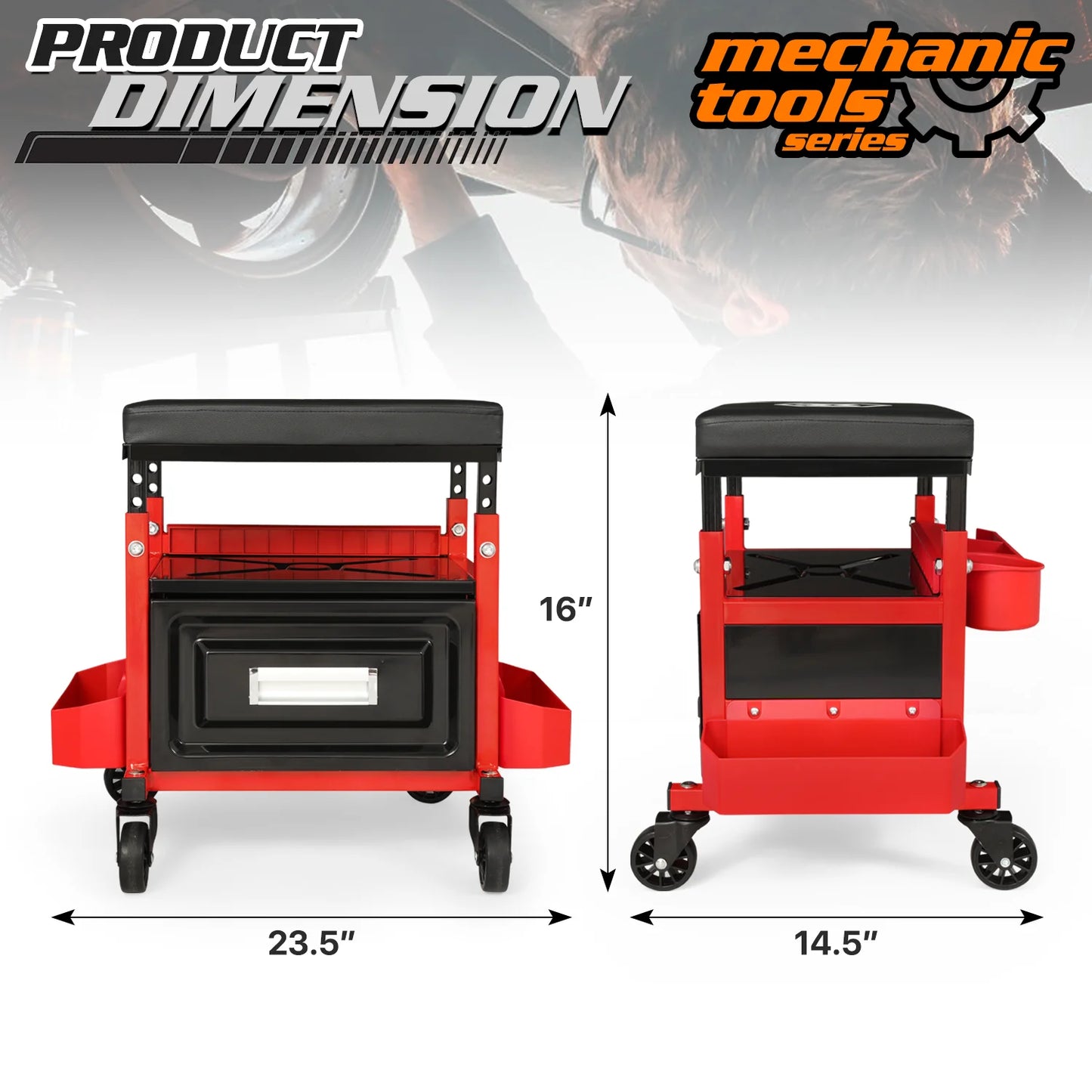 M-AUTO Adjustable Rectangular Roller Tool Box Padded Chair with Storage Tool Tray & Cabinet, 350 lbs Capacity with Casters - Red