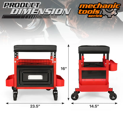 M-AUTO Adjustable Rectangular Roller Tool Box Padded Chair with Storage Tool Tray & Cabinet, 350 lbs Capacity with Casters - Red