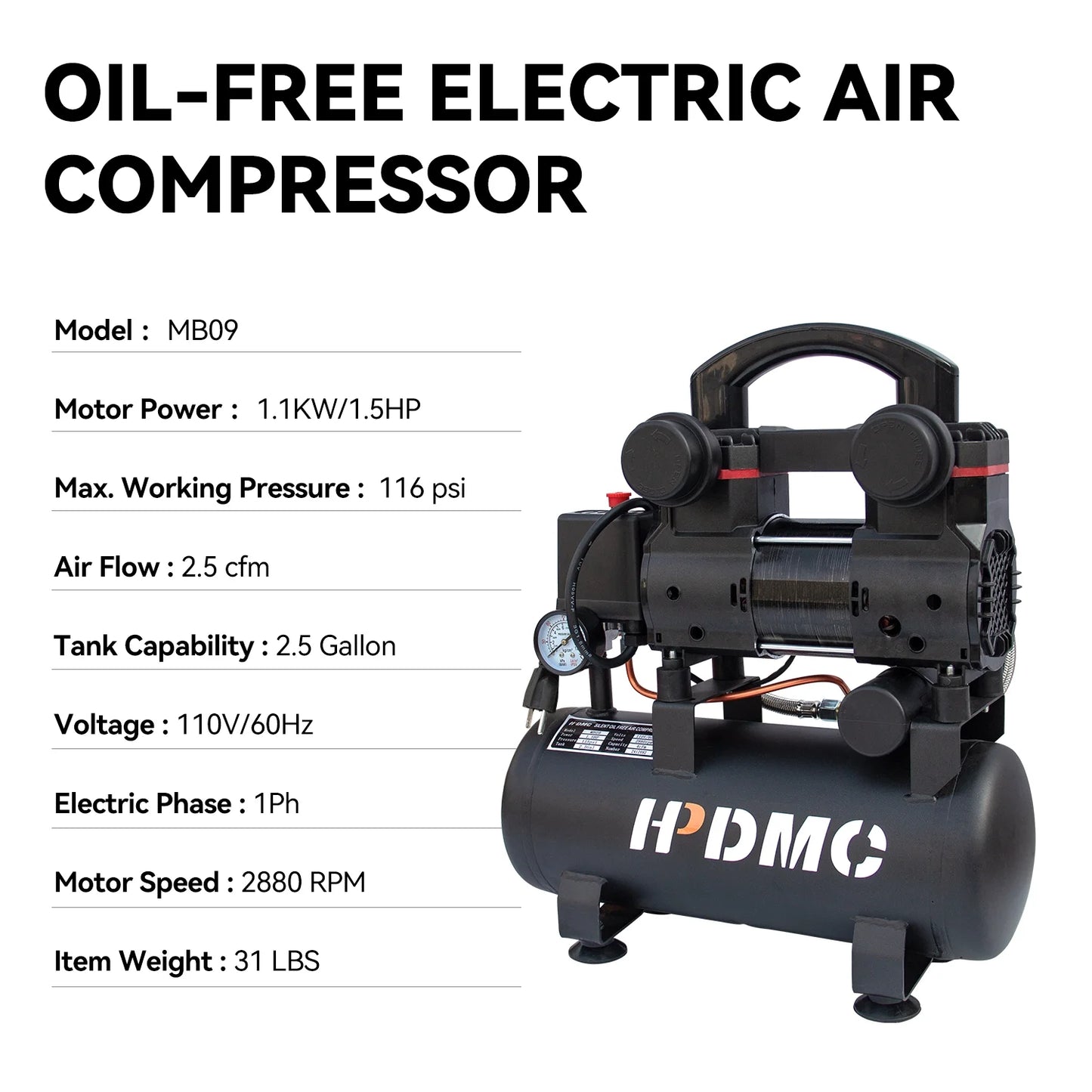 HPDMC Portable Oil-Free Air Compressor 120L/min 115psi, 110V 1-Phase with 2.5 Gallon Tank for Home, Garage & Workshop