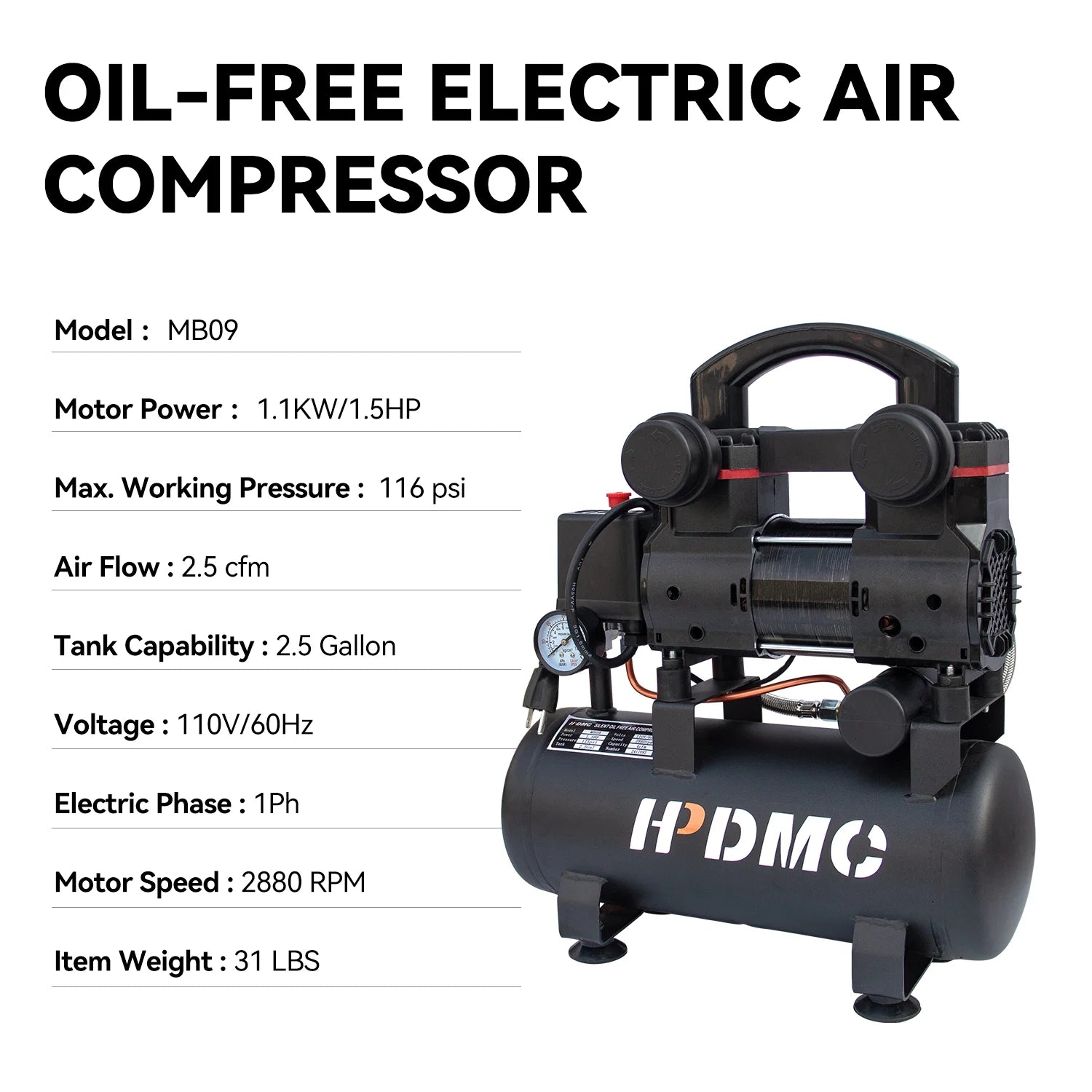 HPDMC Portable Oil-Free Air Compressor 120L/min 115psi, 110V 1-Phase with 2.5 Gallon Tank for Home, Garage & Workshop