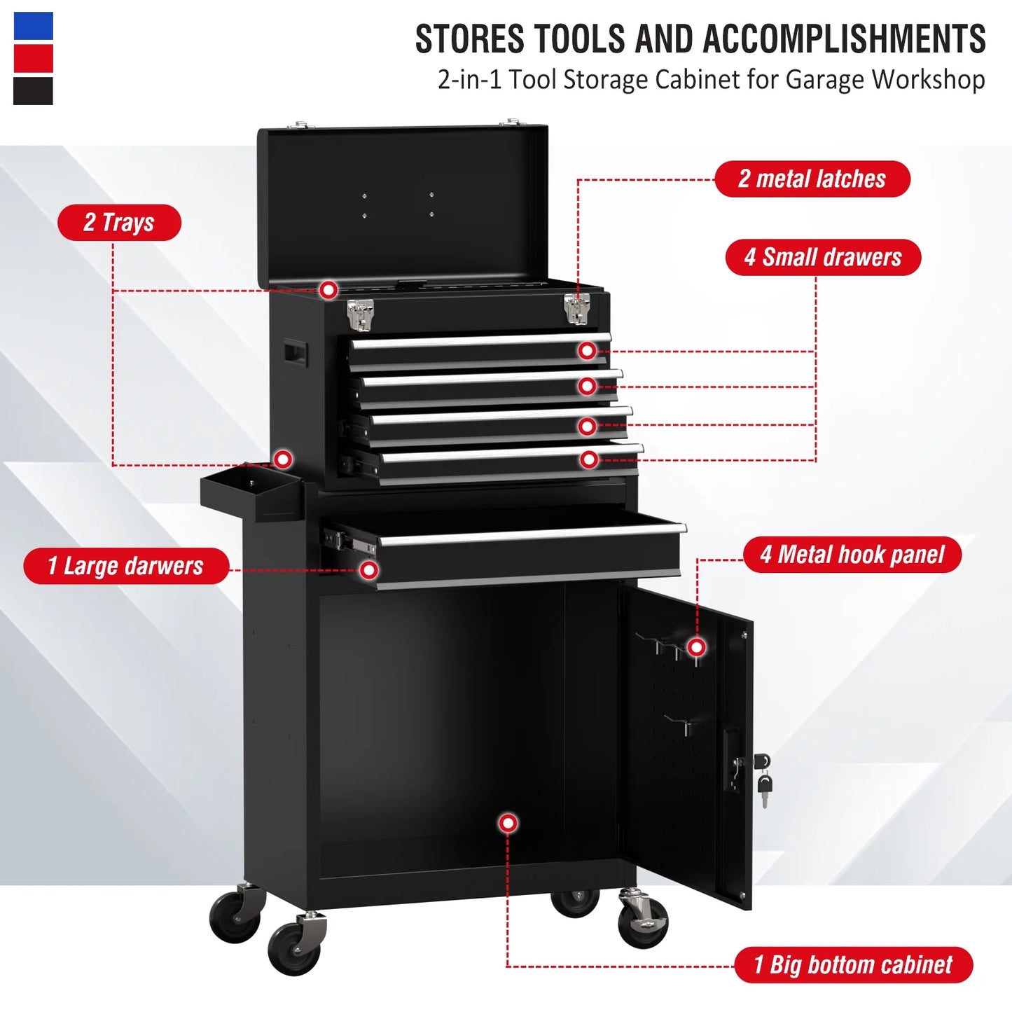 Odaof Tool Storage Cabinet Tool Chest with 4 Wheels and 5 Drawers,Large Capacity Removable Toolbox with Lock for Garage and Warehouse(Black)