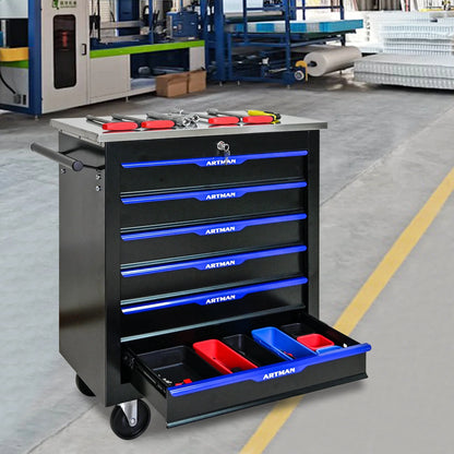 Tool Chest, 6-Drawer Rolling Tool Storage Cabinet with Wheels, Detachable Lockable Tool Box, Metal Tool Cart for Garage Workshop, Black Blue