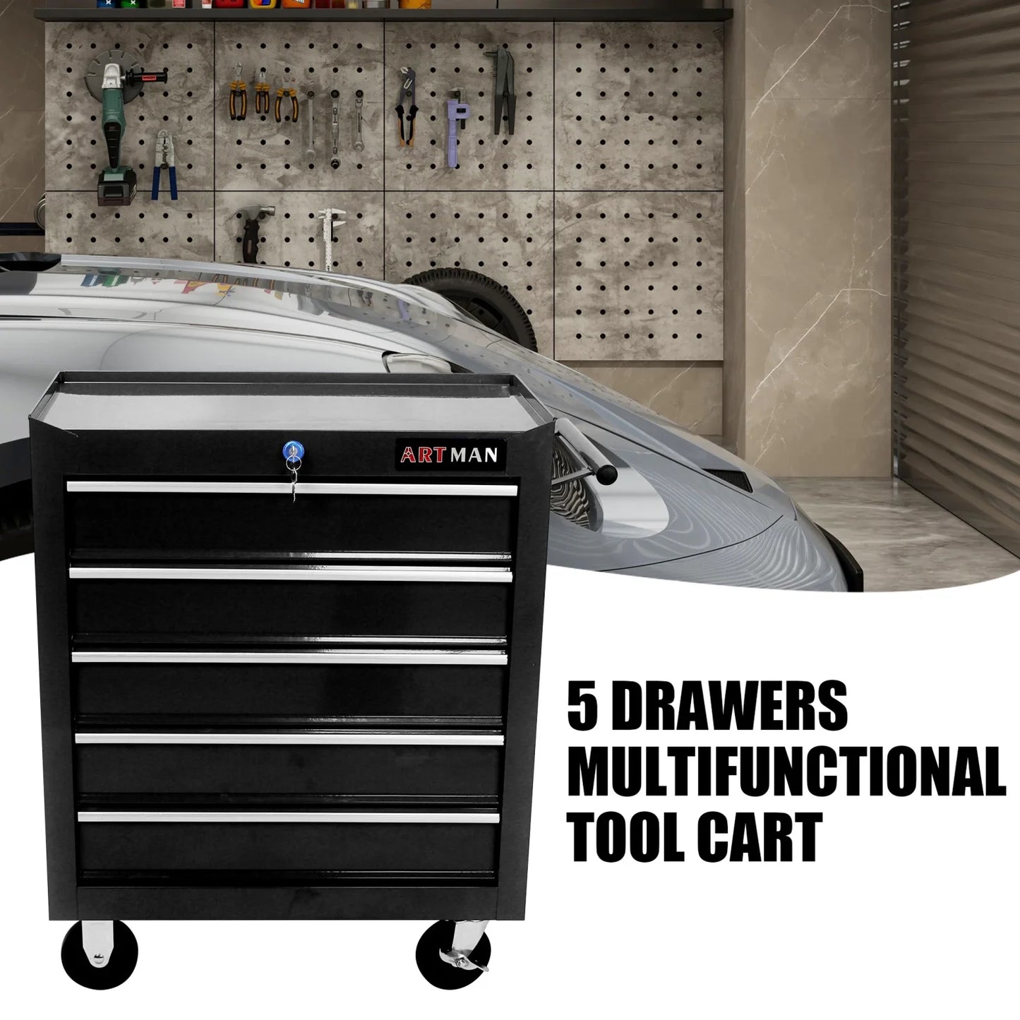 5-Drawer Rolling Tool Chest, Metal Tool Storage Organizer Cart with Locking System and Wheels, Multifunctional Mechanic Tool Cart for Garage, Warehouse, Workshop, Repair Shop, Red