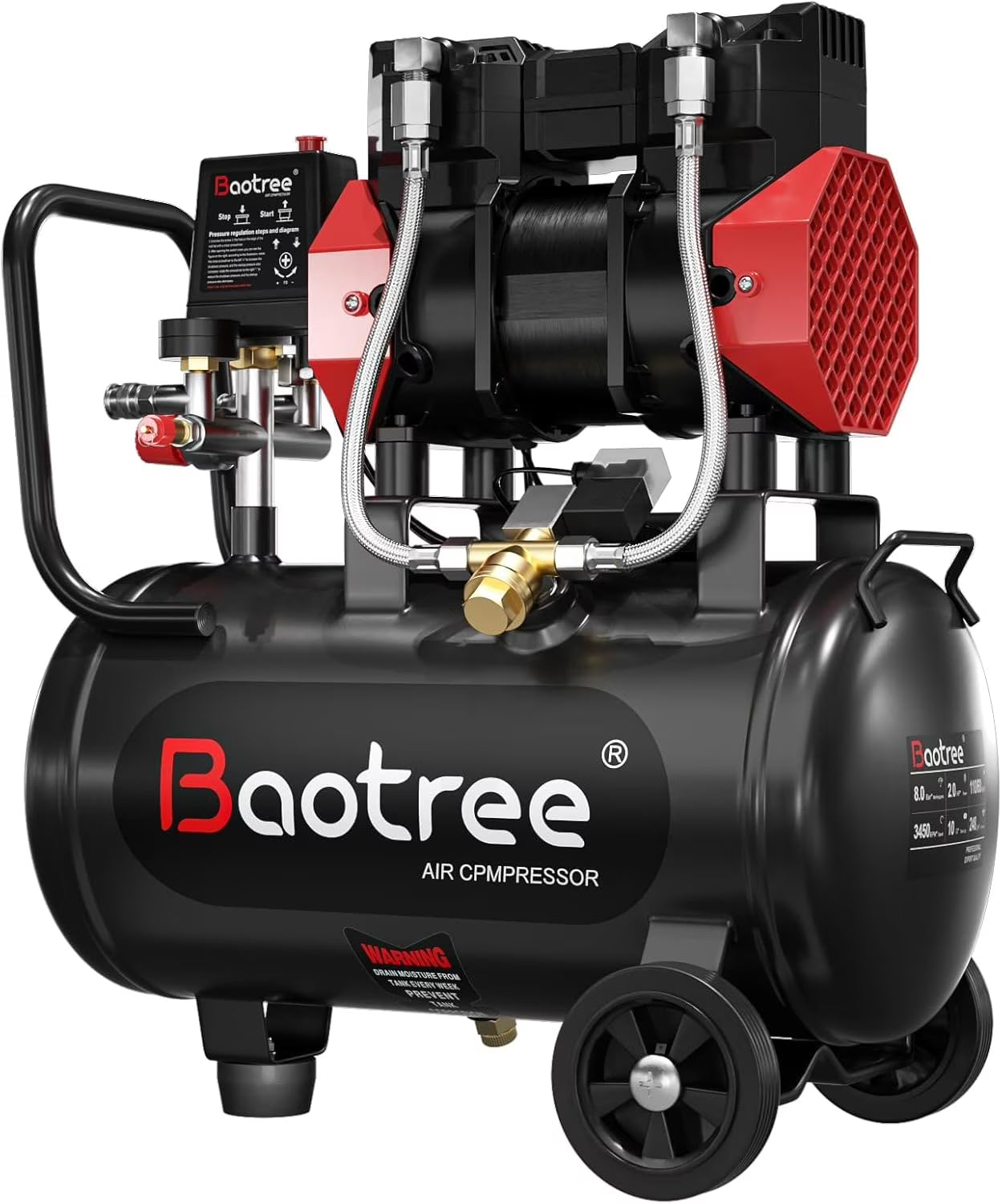 Zhixing 8 Gallon Portable Oil-Free Air Compressor, Ultra Quiet 70dB, 1.5HP 115PSI High Pressure 4.52CFM, Auto Repair/Bicycle Tire Inflating/Garage Painting | 110V-60Hz Home and Commercial