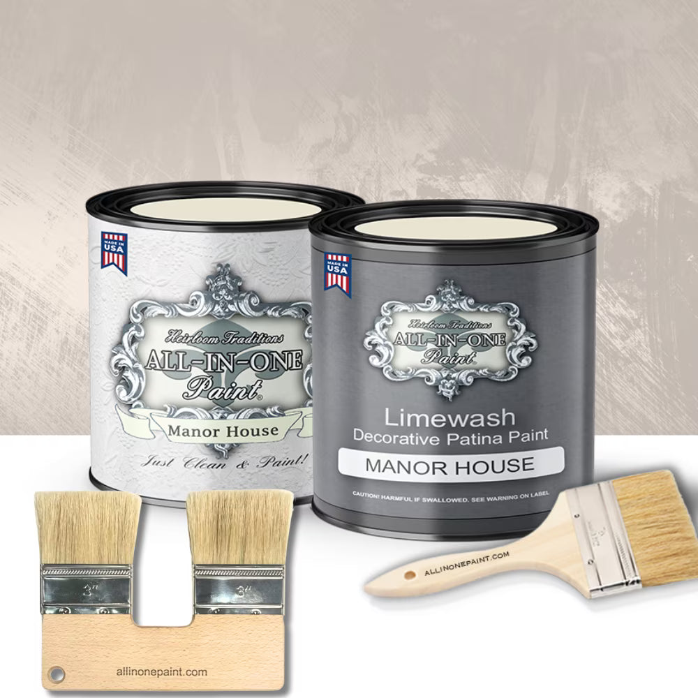 ALL-IN-ONE Limewash Paint, 2 Quart Paint Bundle and Tool Kit - Faux Lime Wash Effect, Matte Suede Wall Treatment - Haven (heathered, muted blue)