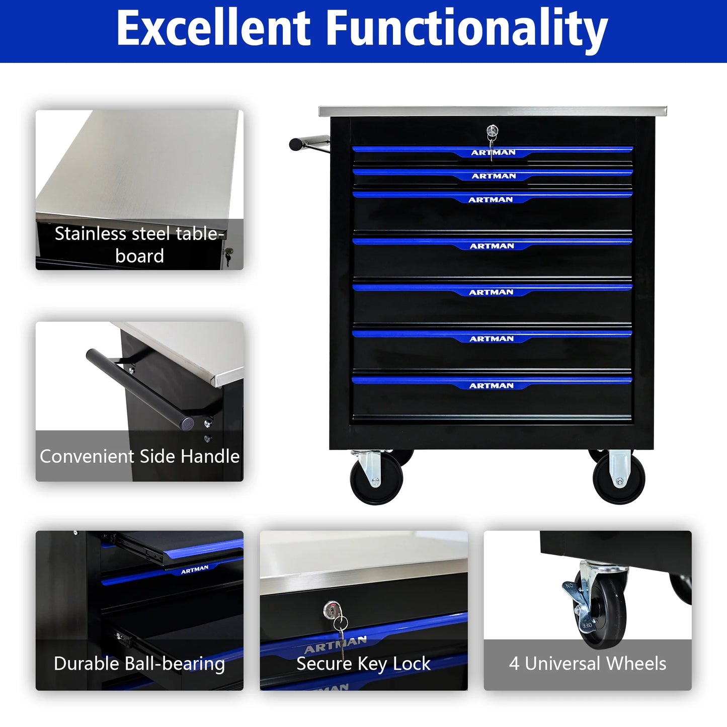 Aukfa Composable 25.9 in Tool Chest with 7 Drawers&7 Plastic Storage Box for Workshop Garage, Black