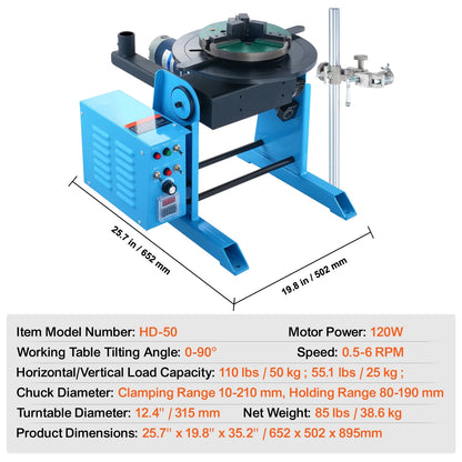 KFFKFF Rotational Welding Stand 50KG, Adjustable 0-90? Welding Turntable 0.5-6RPM 120W, Equipped with 12.4 Inch 3-Jaw Lathe Chuck & Welding Torch Support for Cutting, Grinding, Assembly, Testing