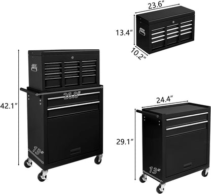 TUFFIOM 8-Drawer Rolling Tool Chest w/Lock & Key, Tool Storage Cabinet w/Wheels, Detachable Top, Drawers, Side Hooks & Drawer Liners, Tool Organizer Box for Garage, Warehouse & Repair Shop
