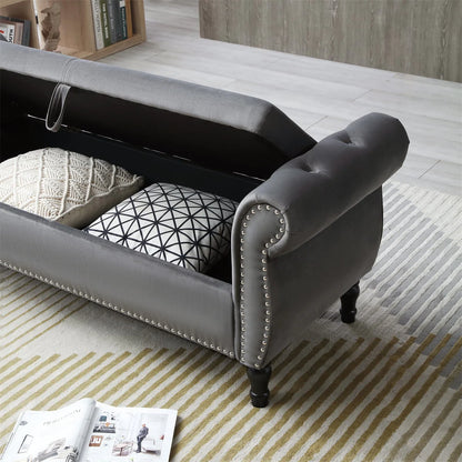 JINS& VICO 63'' Velvet Storage Ottoman Bench, Upholstered Tufted Sofa Stool with Rolled Armrest and Nailhead Trim, Rectangular Chaise Lounge with 1 Pillow for Living Room Bedroom, Gray